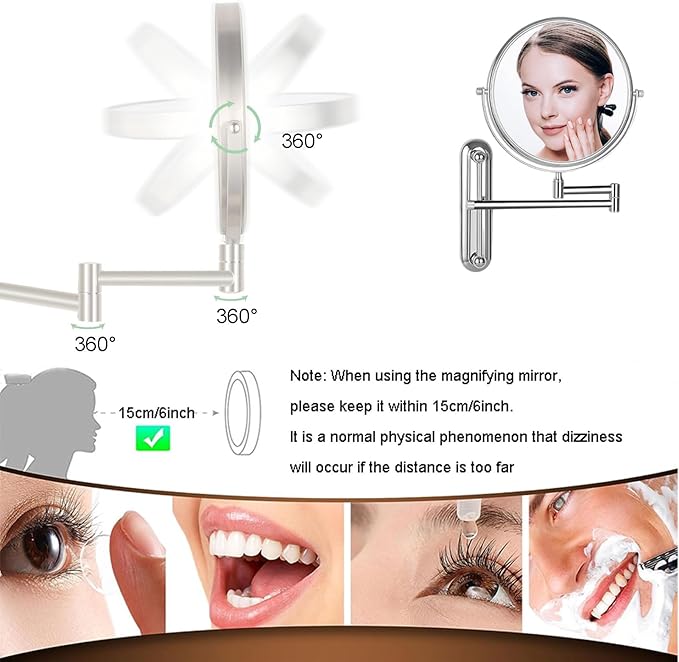 Makeup Mirror Wall Mounted Extra Long Arm, Cosmetic Mirror Magnification, Vanity Mirror 360° Swivel Extend and Fold, Double Sided Bathroom Shaving Mirror Magnifying Mirror Wall Mounted