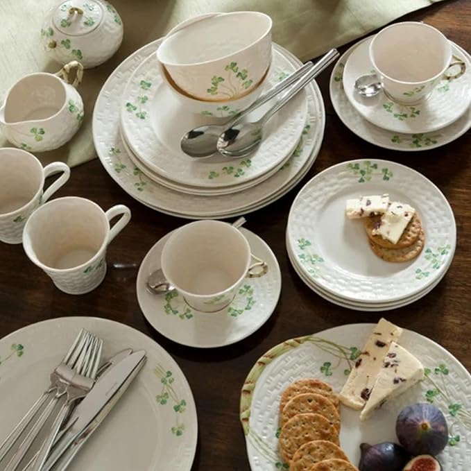 Belleek Shamrock Dinner Plate - Handcrafted Fine Parian China Ceramic Plate - 11.5"D Microwave Safe Porcelain Dinnerware, White