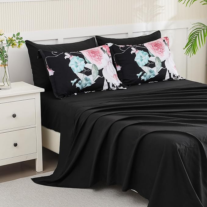Yogeneg Queen Comforter Set 7 Piece Bed in a Bag,Pink Floral Botanical Pattern Black Bedding Set,Soft Microfiber Comforter with Sheet Set,All Season Bed Set(Pink,Queen)