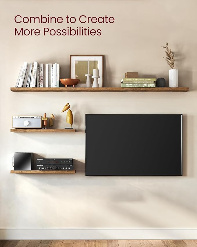 VASAGLE Wall Shelves Set of 2, Floating Shelves, Wall Mounted, 8 x 23.6 x 1.5 Inches, Display Shelves for Picture Frames, Wall Decor, Hanging Shelf for Living Room, Kitchen, Rustic Brown ULWS056B01