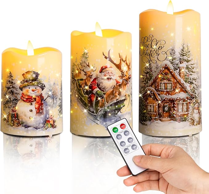 Christmas Flameless Flickering LED Candles with Remote Timer,Battery Operated 3D Wick Pillar Candles Fiber OIptic Decorative Lights Set of 3 for Decorations Indoor
