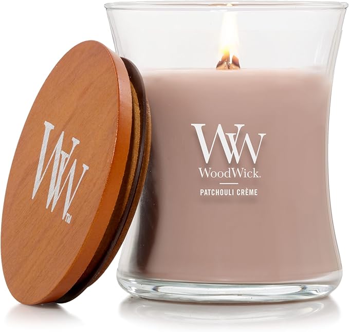 WoodWick Patchouli Crème Medium Hourglass Candle, Crackles as it Burns, Up to 65 hrs Burn time, Perfect for Gifting, 9.7 oz