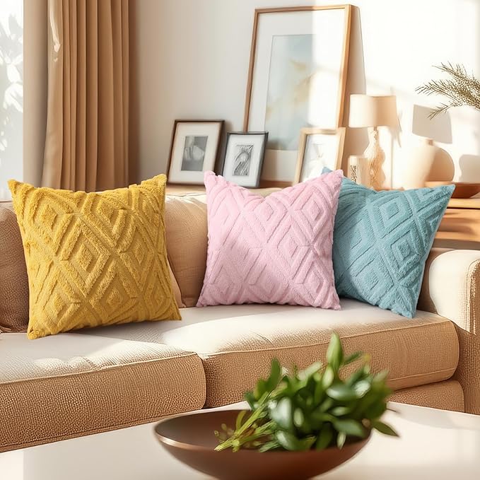 decorUhome Couch Throw Pillow Covers 16x16 Set of 2, Decorative Soft Plush Faux Wool Neutral Accent Pillow Covers for Bed Sofa Living Room, Mustard Yellow
