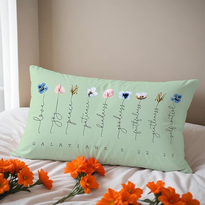 Fruit of The Spirit Bible Verse Pillow Covers 12x20, Boho Floral Christian Throw Pillow Covers for Home Office Church Decor, Christian Gifts for Women, Faith Based Gifts(Green)