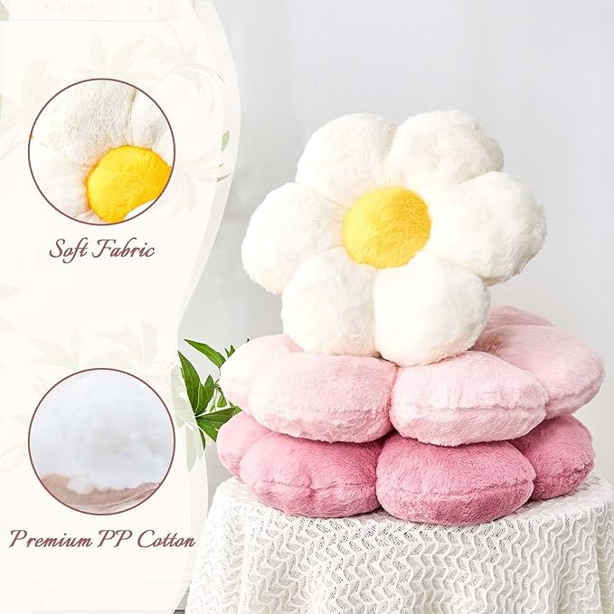 White Flower Plush Throw Pillow, Cute Decorative Flower Shaped with Faux Rabbit Fur, 19.6" Soft Plush Floor Pillow for Bedroom Living Room