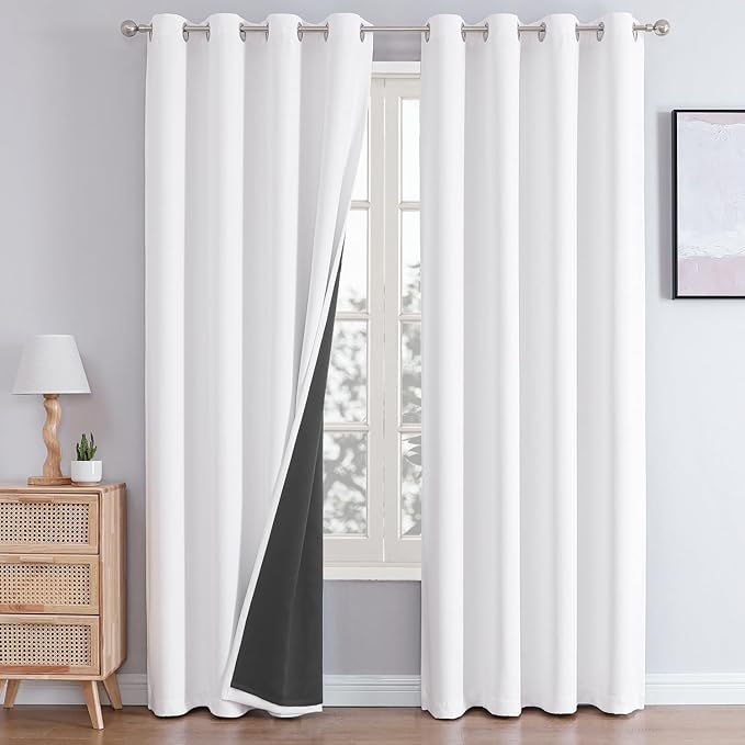 ChrisDowa White 100% Blackout Curtains 102 inch Long for Bedroom with Black Liner, 2 Thick Layers Total Blackout Thermal Insulated Grommet Window Curtains 2 Panels Set (Pure White, 52 x 102 Inch)
