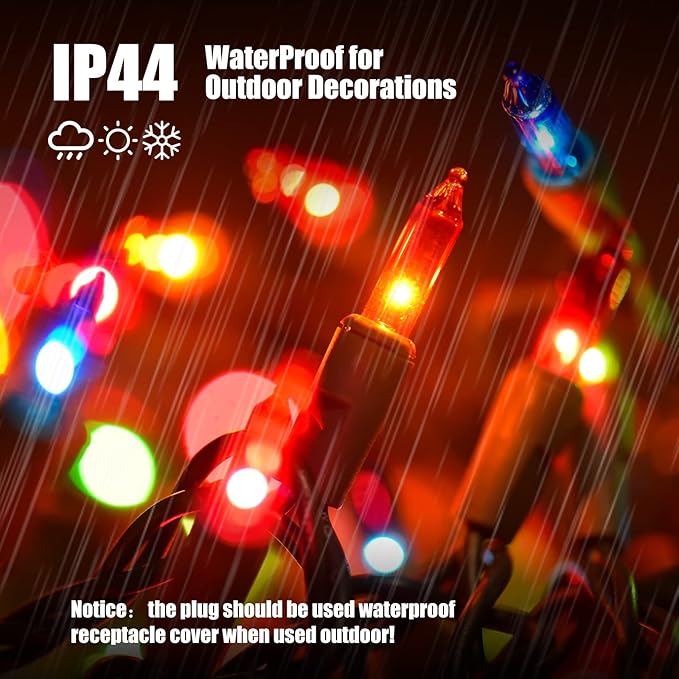 Christmas Lights Multicolor 100 Count Incandescent Light UL Certified Connectable Christmas Tree Lights with Green Wires for Indoor Outdoor Xmas, Wedding, Holiday, Party, Home Decorations