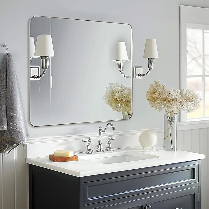 ANDY STAR Chrome Bathroom Mirrors for Over Sink, 24x24 Inch Polished Mirror for Wall, Square Metal Framed Vanity Mirror -Modern Clean Design with Superior Stainless Steel Frame