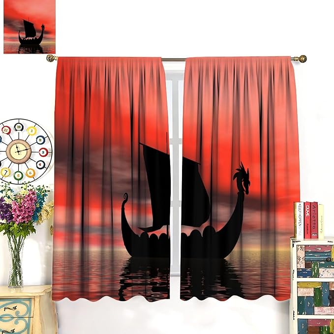 Viking Ship Curtains, Fantasy Ocean Vintage Sailboat at Sundown Nautical Themed Print Blackout Window Treatments for Boys Bedroom Living Room 42x45 Inch