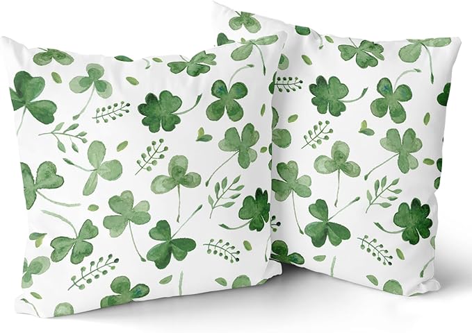 Giwawa St Patricks Day Pillow Covers Set of 2, 18"x18" Watercolor Clovers Sage Green Leaves Square Pillowcases, Spring Shamrock Eucalyptus Throw Cushion Cover for Sofa Couch Bedding Car Decor