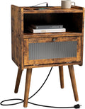 Mid Century Modern Nightstand with Charging Station, Bedside Tables with Glass Door, End Table Side Table with 2 Tiers Storage Space, for Bedroom, Living Room, Brown