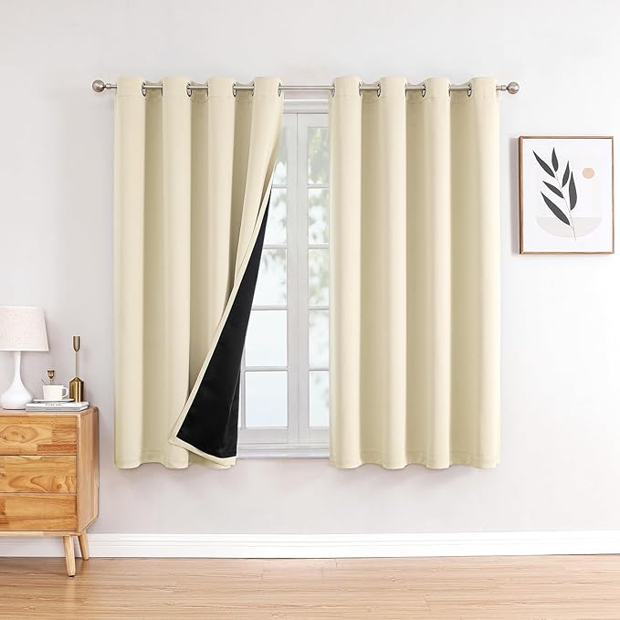 ChrisDowa 100% Blackout Curtains 63 inch Long for Bedroom with Black Liner, 2 Thick Layers Total Blackout Thermal Insulated Grommet Window Curtains 2 Panels Set (Light Beige, 52 x 63 Inch)