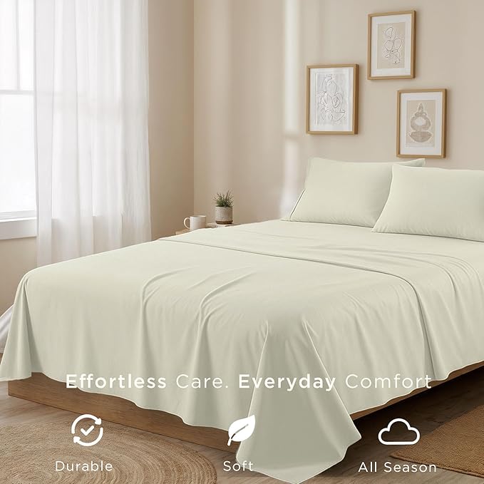 Threadmill 100% Cotton Sheets for King Size Bed | 4 Pc King Bed Sheets Set | Soft, Breathable Lightweight Solid Sateen for All-Season Use | Snug Fit Elastic Deep Pocket King Sheets | Ivory