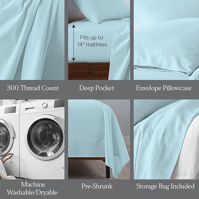 Ella Jayne Percale Sheets Twin (3 Pieces) Permium 100% Cotton Percale TC300, Hotel Luxury Collection, Deep Pockets and Cooling Twin Sheets Set Breathable Cotton Percale (Aqua)