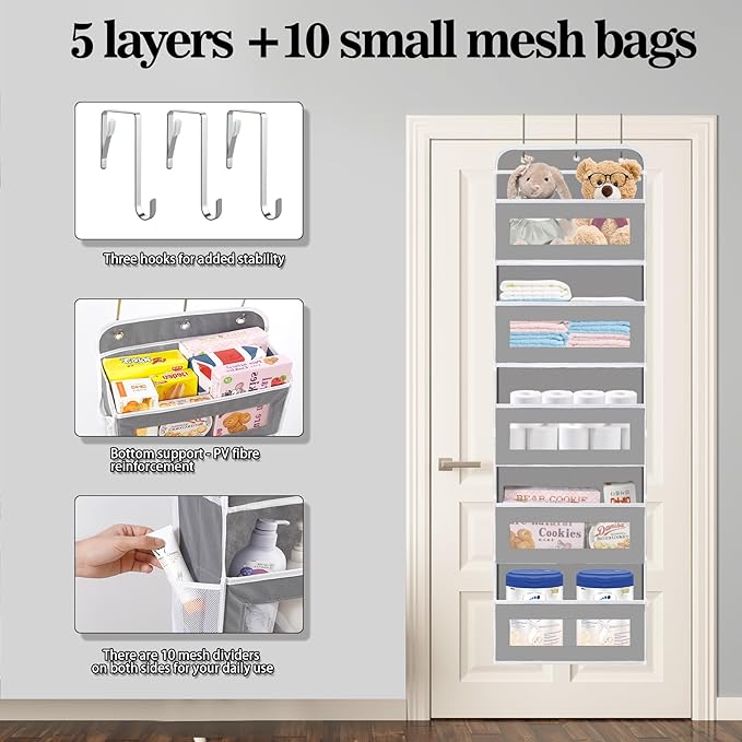 Over The Door Organizer, 5 Shelves Closet Door Hanging Organizer with 10 Mesh Pockets, Nursery Closet Organizer, Baby Essentials, Dorm Room Essentials for Girls