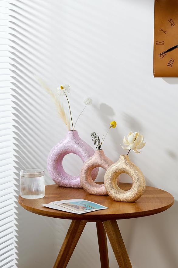Set of 2 Donut Hollow Ceramic Vase Handmade Minimalist Boho ins Style, Modern Vase for Home Decor for Wedding Dinner Table Party Living Room Office Bedroom (Purple-Gold, Extra Large + Large)