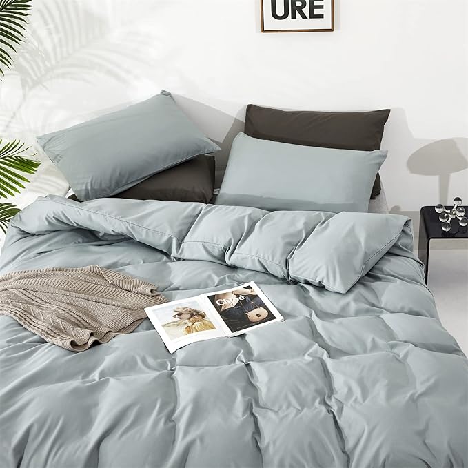 KAREVER Dusty Blue Comforter Set Queen Size 3 Pieces Solid Blue Queen Comforter Bedding Set Women Light Blue Queen Bed Comforter Set All Season Gift