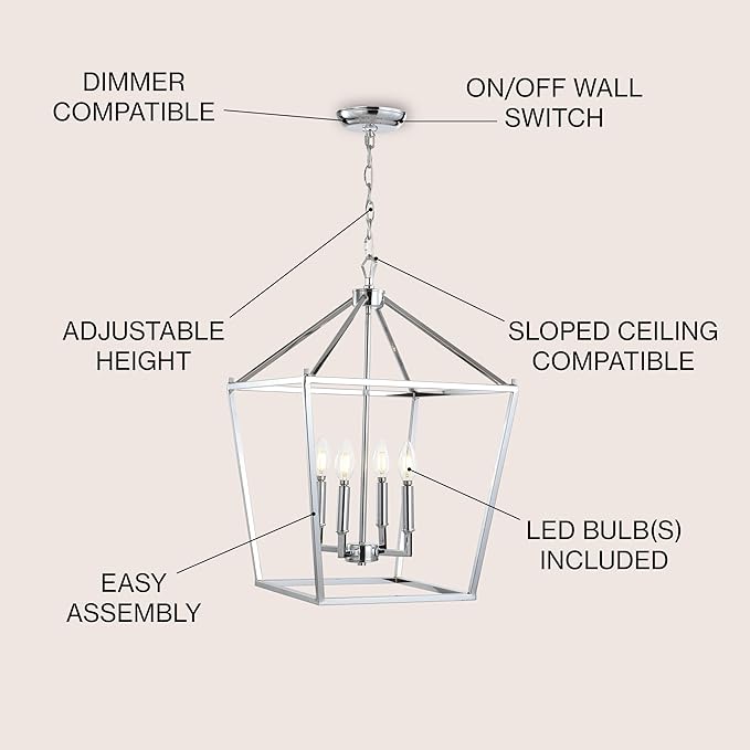 JONATHAN Y JYL7437C Pagoda Lantern Dimmable Adjustable Metal LED Pendant Classic Traditional Farmhouse Dining Room Living Room Kitchen Foyer Bedroom Hallway, 16 in, Chrome