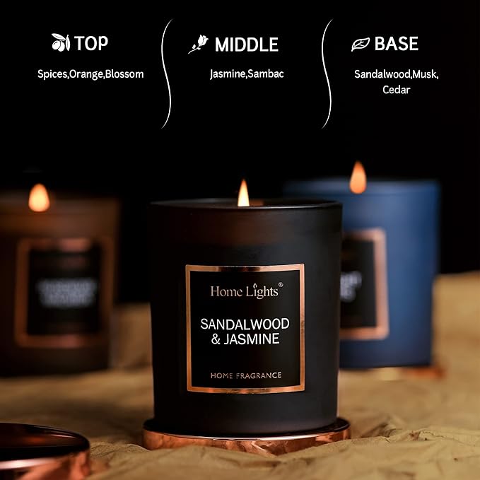 HomeLights Luxury Scented Candle, Natural Soy Wax, Home Fragrance Decor Gift, Sandalwood & Jasmine, Medium Jar
