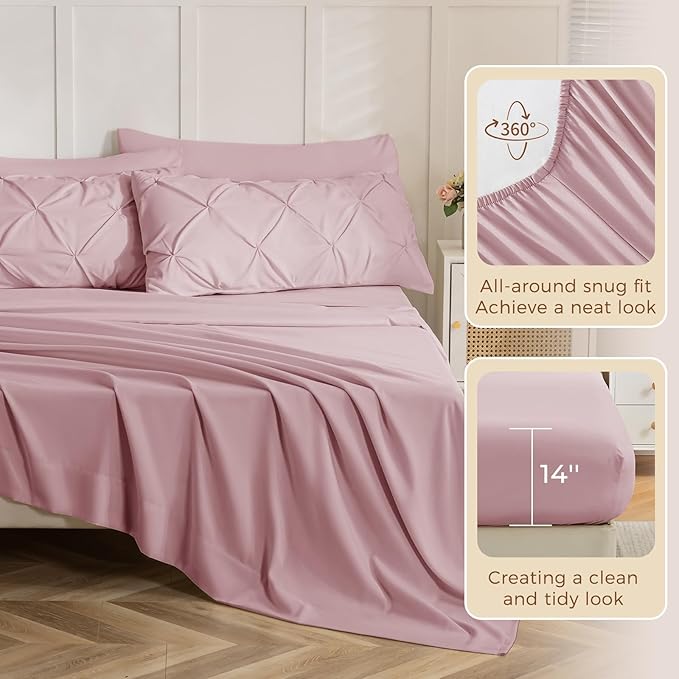 Sasttie Full Size Comforter Set, 7-Piece Bed in a Bag, Pintuck Bedding Set for All Season, Includes Comforter, Flat Sheet, Fitted Sheet, Pillowcases and Pillowshams, Baby Pink