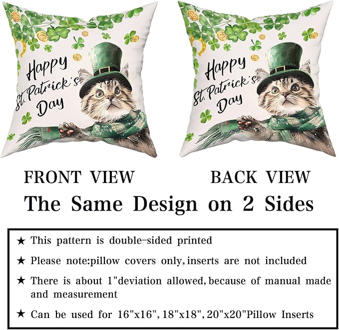 Giwawa Patrick Cat Throw Pillow Covers Set of 2, 16x16in Happy St Patrick's Day Kitten Decorative Square Pillow Cases, Clover Shamrock Soft Cotton Cushion Covers for Sofa Couch Bedding Decor