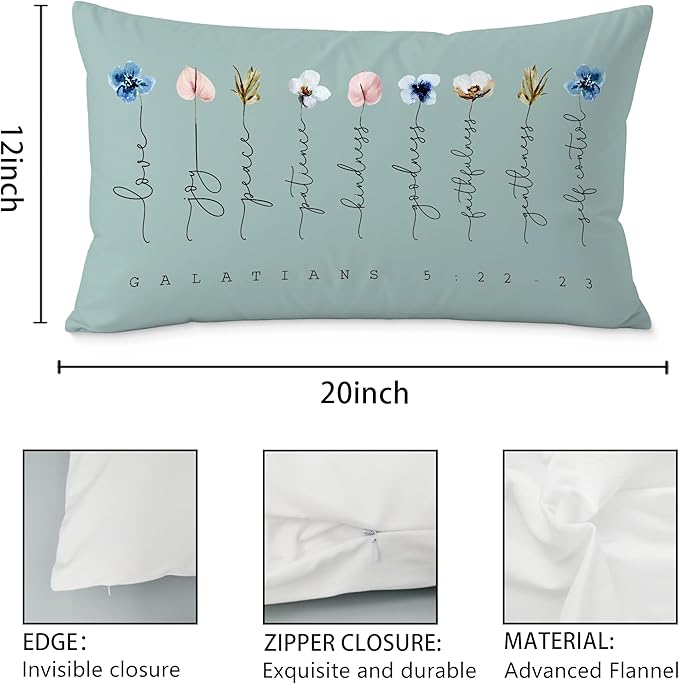 Fruit of The Spirit Bible Verse Pillow Covers 12x20, Boho Floral Christian Throw Pillow Covers for Home Office Church Decor, Christian Gifts for Women, Faith Based Gifts(Blue Grey)