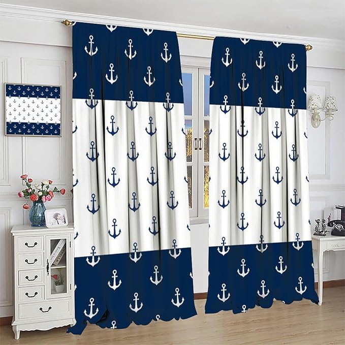 Anchor Pattern Curtains, Nautical Theme Navy Blue White Anchor Sea Life Adventure Print Blackout Window Treatments for Living Room Boys Men's Bedroom 63x63in