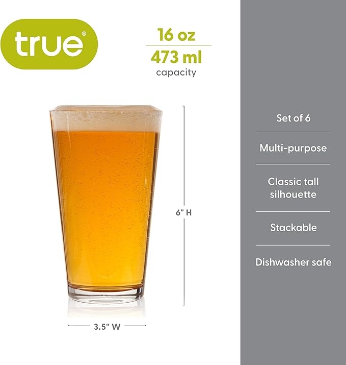 TRUE Pint Beer Glasses, Professional Grade Beer Pint Glasses, Multi Purpose Tumblers, Juice Water Cups, Kitchen Glassware, Home Bar, Set of 6, 16 oz
