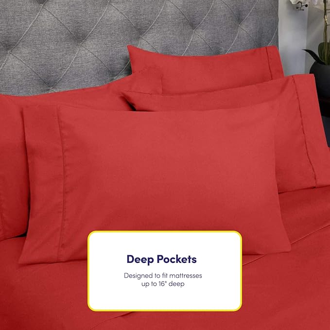 Sweet Home Collection 6 Piece 1500 Supreme Collection Brushed Microfiber Deep Pocket Sheet Set-2 Extra Pillow Cases, Great Value, Rv Short Queen, Samba Red