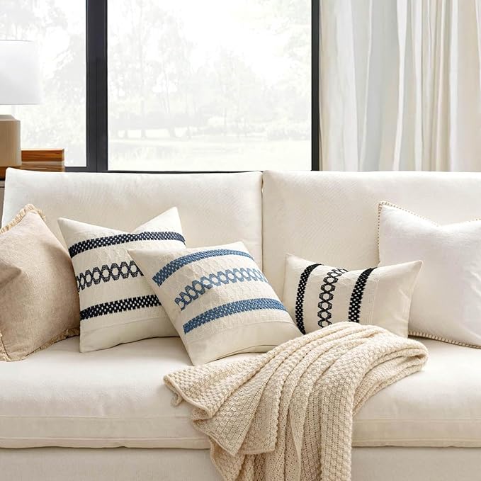 MIULEE Set of 2 Coastal Blue Boho Decorative Lumbar Pillow Covers 12x20 Inch Farmhouse Rustic Couch Throw Pillows Modern Summer Cushion Covers Retro Cute Macrame Woven Home Decor for Bed Sofa Chair