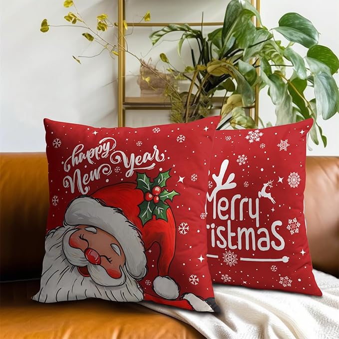 Red Christmas Santa Pillow Covers - Happy New Year Throw Pillow Covers 20x20 Set of 2 Xmas Pillow Cases Winter Snowflake Cushion Cases for Sofa Couch Home