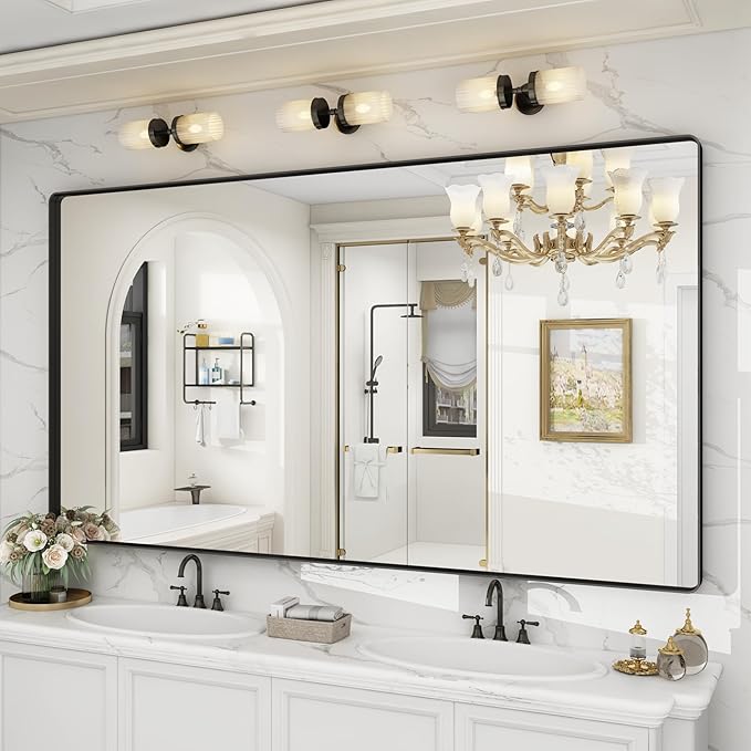 72x36 Inch Black Framed Bathroom Mirror for Wall, Large Matte Metal Framed Wall Mirror, Rounded Rectangle Vanity Mirror, Tempered Glass, Anti-Rust, Shatterproof (Horizontal/Vertical)