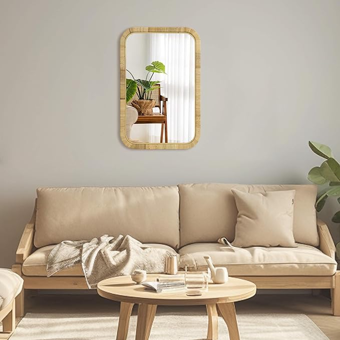 Rattan Wall Mirror, 36 x 24'' Rectangle Mirror for Wall Rattan Frame Boho for Farmhouse Bedroom Checkroom Livingroom Decor