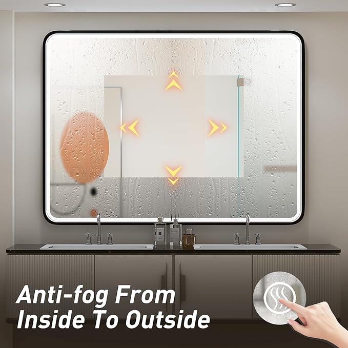 48x36 Inch LED Bathroom Mirror with Lights, Vanity Lighted Black Framed Mirror Anti Fog Stepless Dimmable,Wall Mounted Light up Mirror (Horizontal/Vertical)