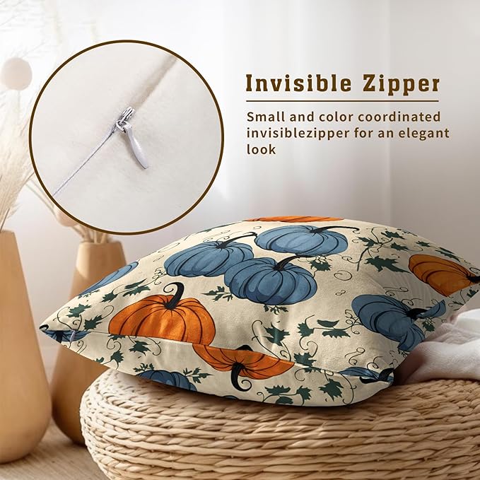 Fall Pumpkin Throw Pillow Covers - Orange Blue Pumpkins Pillow Covers 20x20 Set of 2 Autumn Harvest Pillowcase Thanksgiving Farmhouse Cushion Case for Sofa Couch Outdoor Porch