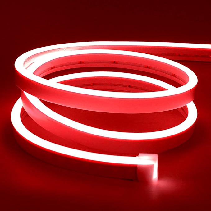 Lamomo LED Neon Lights, 16.4ft Red LED Strip Light, 12V 0.39in/Cut Silicone Waterproof Neon Rope Light, DIY Neon Sign for Bedroom Indoor Outdoor Decoration（Power Adapter not Included）