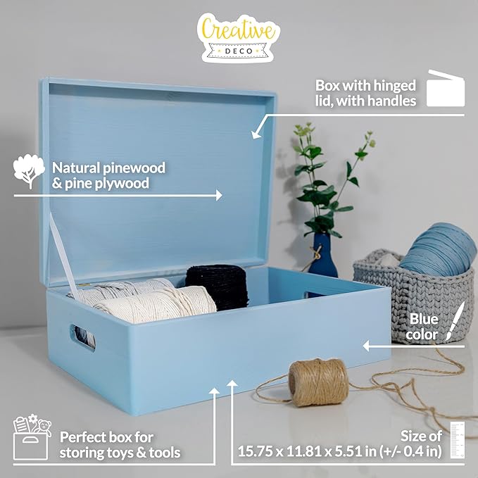 XL Blue Wooden Box Storage with Hinged Lid | 15.8 x 11.8 x 5.5 inches (+-0.5) | with Handles | Gift Box Storage Document | Product NOT Intended for 15 Years OR Below