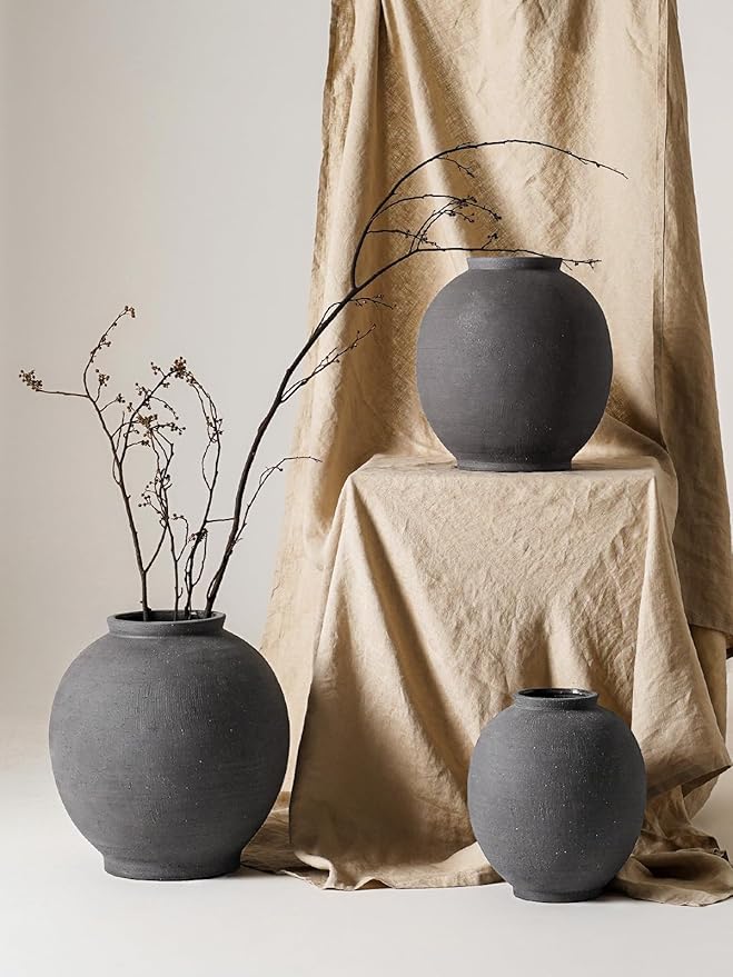 Ceramic Rustic Vase, 10.8 Inch Farmhouse Minimalist Tall Flower Vase for Table, Living Room, Home Decor, Bathroom, Holiday, Wedding, Set of 1, Sandstone Black