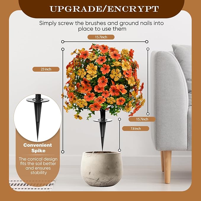 Artificial Topiary Bushes for Outdoors with Spike, Boxwood Ball Fake Shrubs UV Resistant Faux Plants for Indoor Outdoor Fall Thanksgiving Halloween Decor (Orange Green)