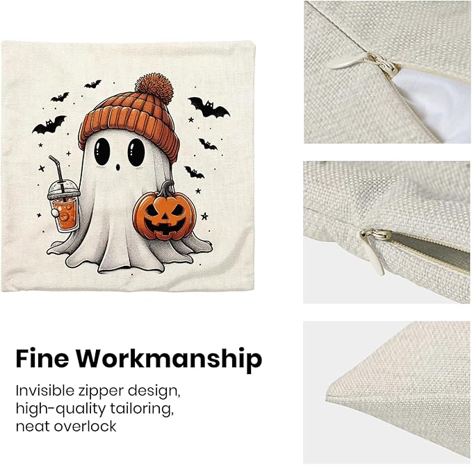 Halloween Pillow Covers 18 x 18 Inch, Burnt Orange Pumpkin Decor Throw Pillows for Home Couch Bed, Black Cream Cute Ghost Bat Fall Outdoor Decorative Pillowcase Linen Cushion Cover Set of 2