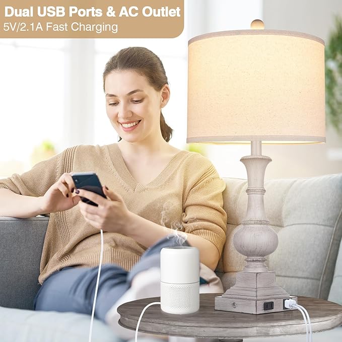 26" Farmhouse Table Lamps Set of 2, Rustic Touch Control Bedside Lamps with 2 USB Ports & AC Outlet, Vintage Resin 3-Way Dimmable Nightstand Lamp Linen Fabric Shade for Living Room Bedroom Decor Gray