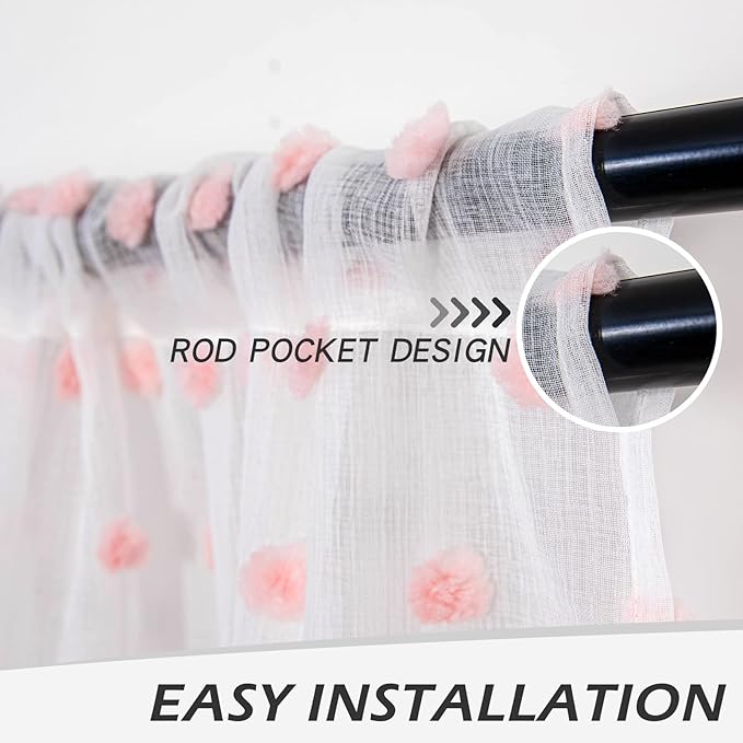 MYSKY HOME Pink Curtains for Girls Bedroom Nursery Pom Pom Curains for Girls Kids Room 63 Inch Long White Sheer Curtains for Dining Room Playroom Rod Pocket Window 38" x 63" 2 Pieces