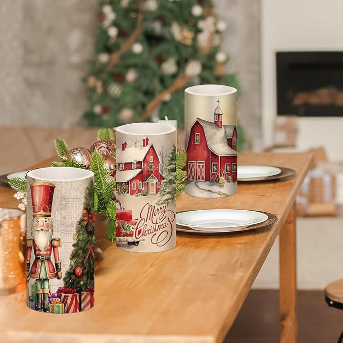 Retisee 3 Pcs Retro Rustic Christmas Flameless Candles with Remote Vintage Christmas Battery Operated LED Candle Retro Nostalgic Xmas Decor for Rustic Xmas Holiday Dining Table Bedroom Living Room