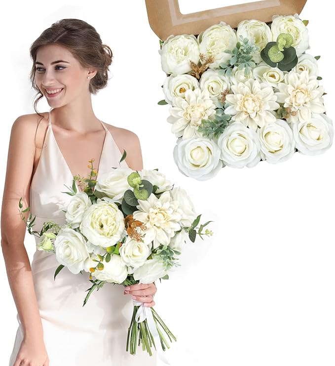 AmyHomie Ivory Artificial Flowers Combo Silk Mix Peony Rose Hydrangea Fake Flowers w/Stem for DIY Wedding Bouquets Centerpieces Arrangements Table Fall Decor Party Bridal Baby Shower Home Decorations