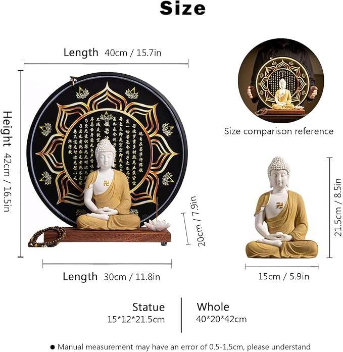 Shakyamuni Buddha Ceramic Statue Indoor Backflow Incense Burner with Led Ring Light Heart Meridian Painting，Meditation Decoration for Home and Office, Suitable for Cone and Stick Incense