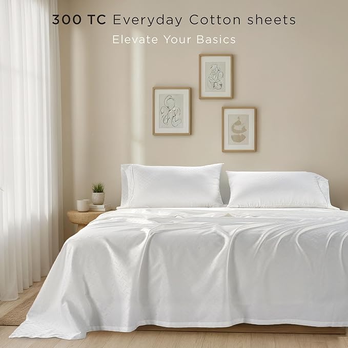 Threadmill Cotton Twin Sheet Set | 100% Cotton Sheets for Twin Size Bed | Damask Jacquard Sateen Twin Bed Sheets Set with 16” Deep Pocket | Soft Breathable 3-Piece Cooling Sheet Set | White