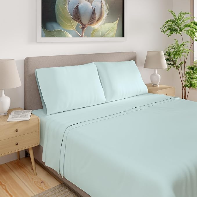 SUPREME ELEGANCE Organic 100% Cotton Twin Aqua Sheet Set, Percale Weave 14" Deep Pocket Twin Sheets Set, Ultra-Soft, Back to School College Essentials, Breathable & Cooling Bedsheet