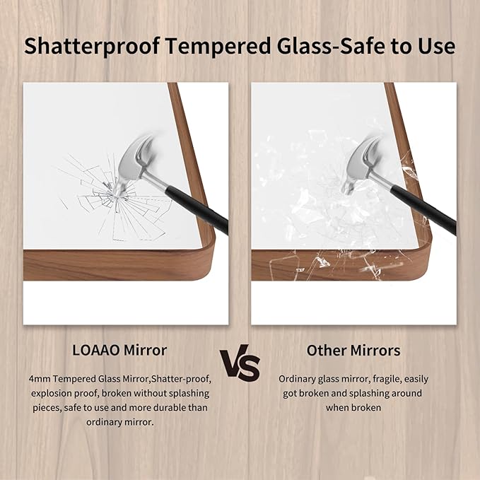 LOAAO 48X36 Inch Bathroom Mirror with Wood Grain Colored Metal Frame, Rounded Rectangle Metal Framed Bathroom Mirror, Anti-Rust, Hangs Horizontally or Vertically, Tempered Glass
