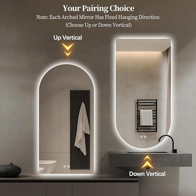 Arched LED Bathroom Mirror, 55"x28" Arch Framless Backlit Mirror with Lights Anti-Fog Dimmable Smart Frameless 3-Color Lighted Vanity Mirror Memory Waterproof, UL Listed, Vertical