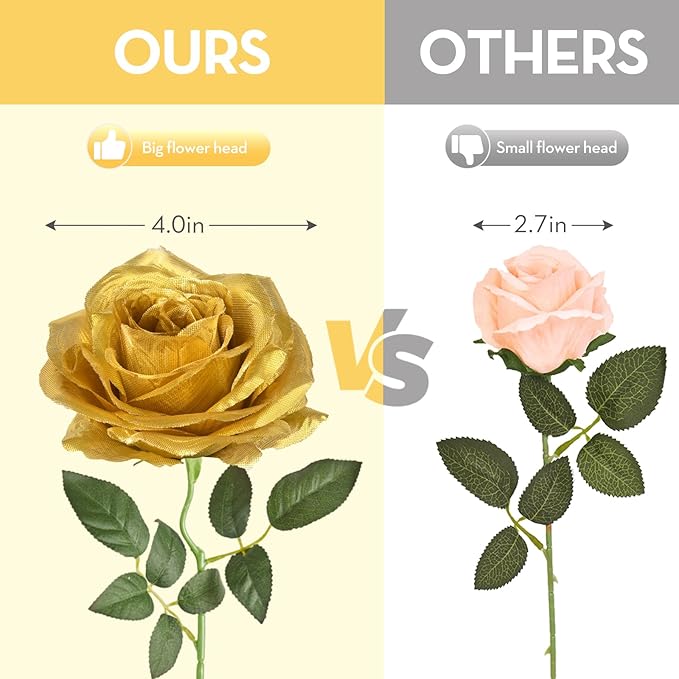Serwalin 20pcs Artificial Gold Roses, 4'' Big Flower Head, Fake Roses Velvet Real Touch, Silk Roses Long Stems Realistic Bouquet for Wedding Parties Table Centerpiece and Home Decor